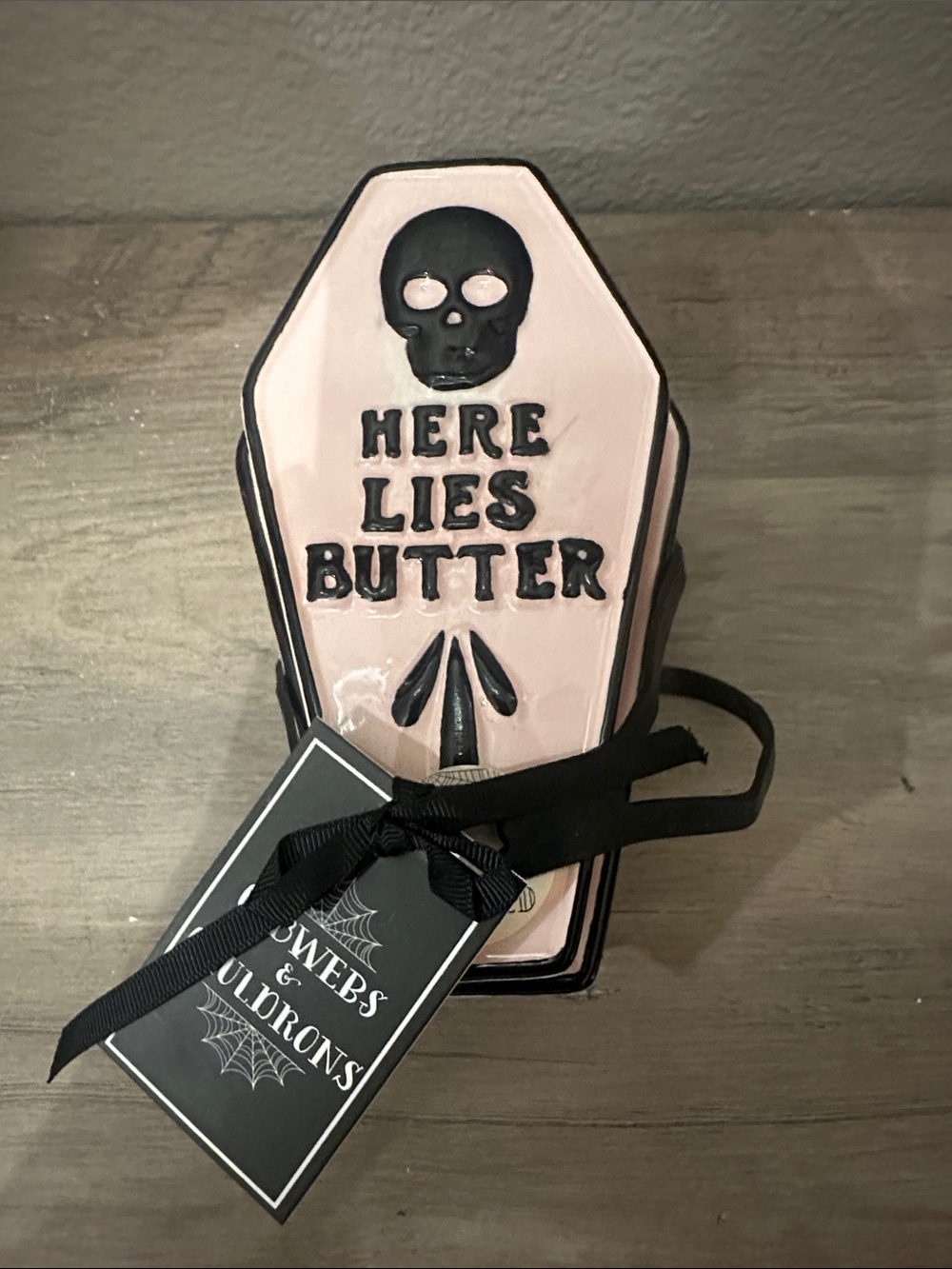 Cobwebs & Cauldrons Coffin Shape Here Lies Butter Dish